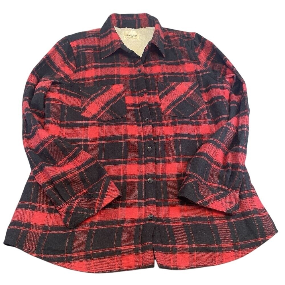 Ci Sono Women Shirt Jacket Red Black Buffalo‎ Plaid Sherpa Lined Size L PTP50